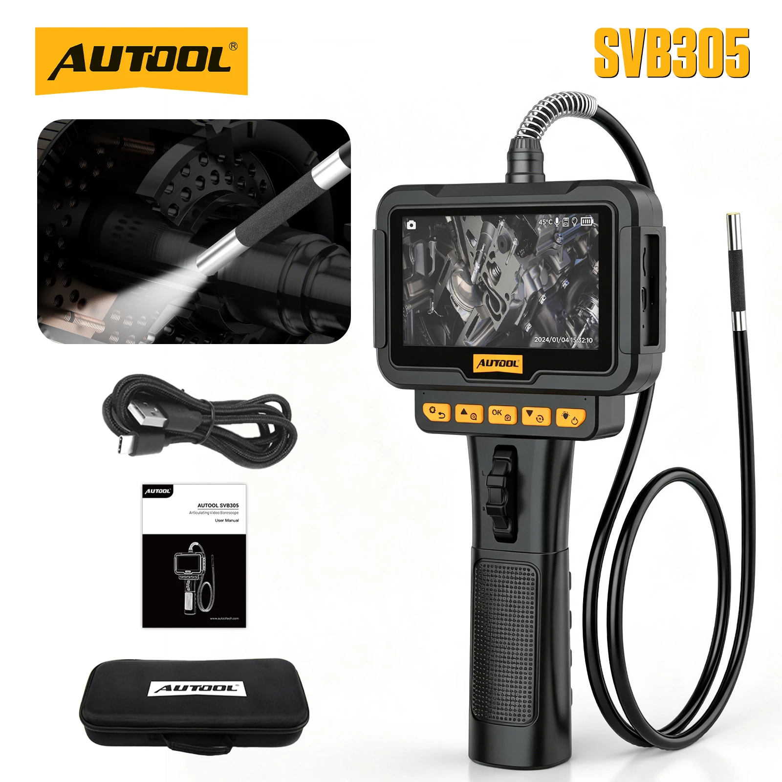 AUTOOL SVB305 Articulating Borescope 1080P HD 5MM Articulating Inspection Camera with 6 LED Lights USB for Automotive Engine Diagnostic