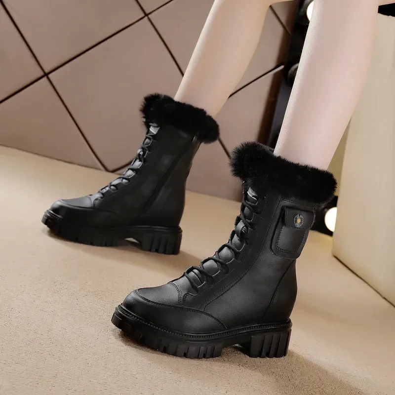 7cm Genuine Leather Synthetic Cushioned Platform Wedge Winter Plush Spring Women Spring Durable Ankle Boots Autumn Shoes