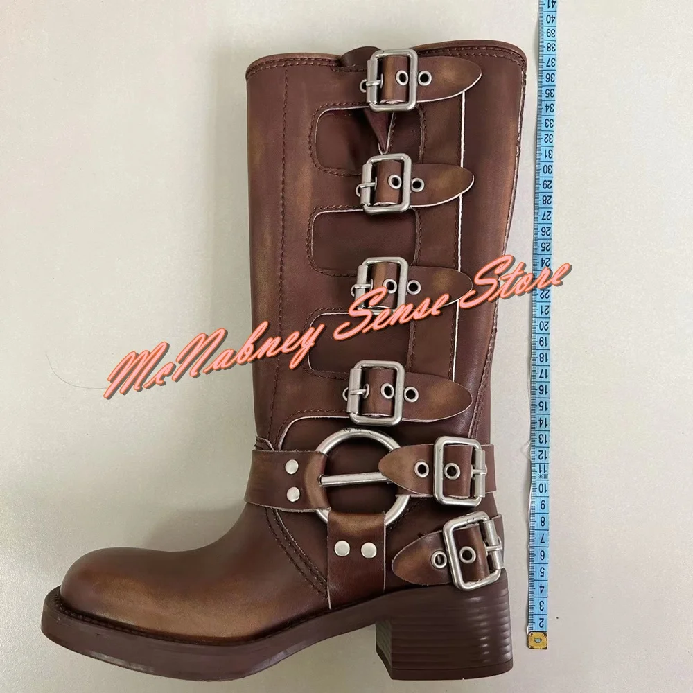 Retro Brown Chunky Heel Boots Metal Buckle Platform Knee High Boots Women Sexy Shoes Solid Leather New Style Winter Banquet Shoe