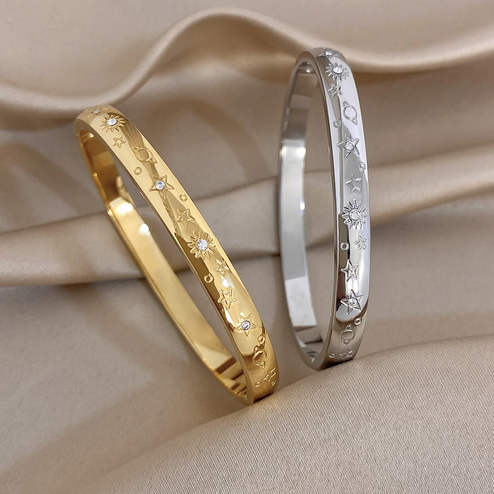 1 Stück AENSOA Neuer Edelstahl-Armreif mit Stern-Textur und Gravur für Damen, Zarte Zirkon-Armbänder in Gold- und Silberfarbe, Schmuckgeschenk – Detail 1
