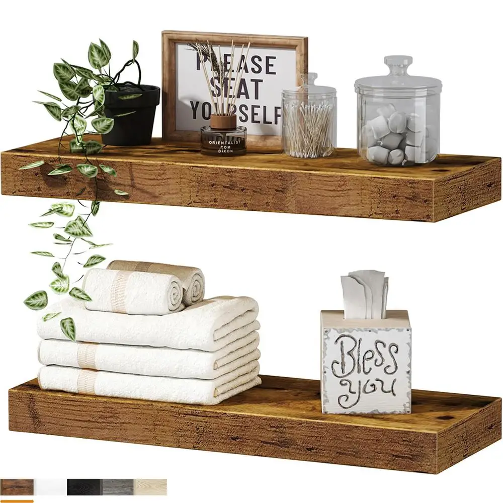 

Rustic Brown Farmhouse Floating Shelves Set of 2 Small Wall Mounted Wood Shelving for Bathroom Over Toilet Decor 16 Inch