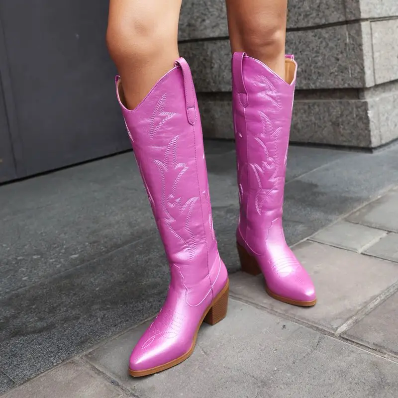 SIMLOVEYO Fashion Women Boots Slip On Embroider Big Size 42 43 Leisure Knee High Bota Pointed Toe Block Heel 6.5cm Flower Sale