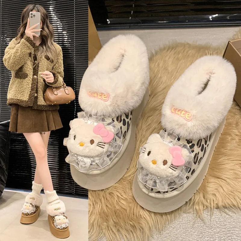 Sanrio winter Hello Kitty cute warm fashion women's shoes cartoon leopard print heightening non-slip plush high-top cotton shoes