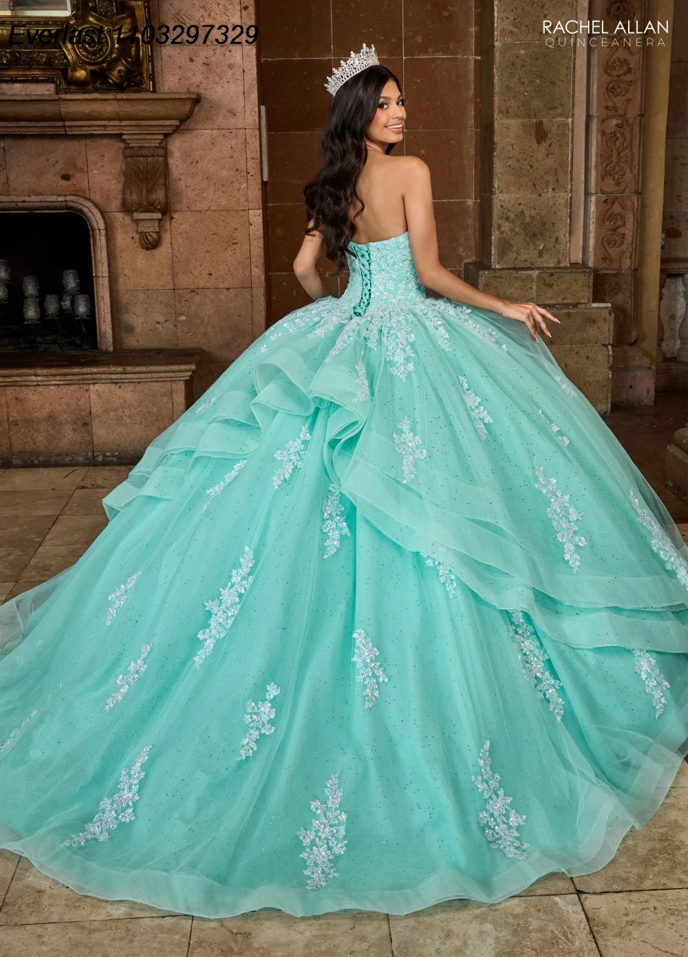 EVLAST Customized Mint Quinceanera Dress Ball Gown Lace Applique Beading Crystal Tiered Sweet 16 Vestido De 15 Anos TQD442