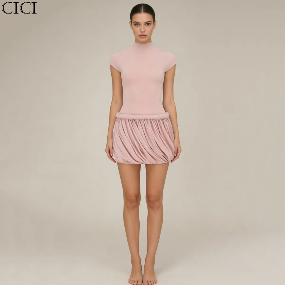 Nouvelle Robe Courte Femme CiCi 2026 Col Montant Manches Courtes Jupe Drapée Froncée Décontractée So