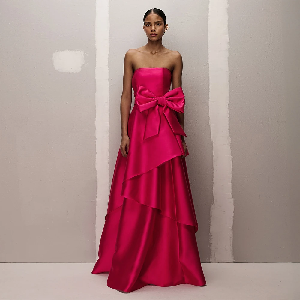 

Elegant Women's Prom Dresses Long Strapless Backless Sleeveless Simple Prom Gown 2025 A Line Bow Tiered Satin Formal Party Dress