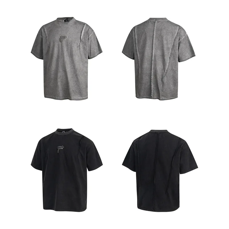 Thug Club - American style, vintage washed, patchwork and embroidered logo, loose-fitting T-shirt, trendy