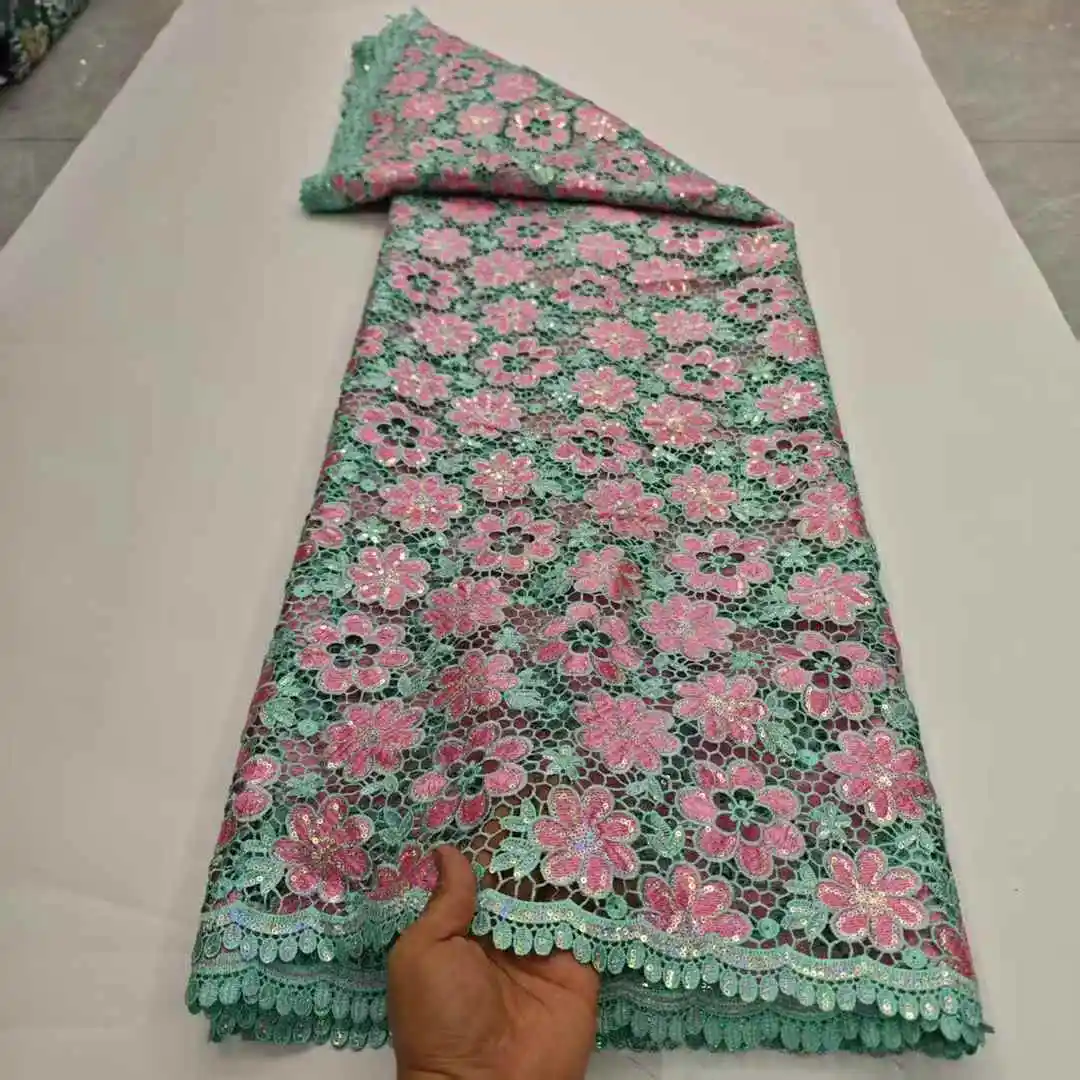 2025 Высокое качество, 5 ярдов, водорастворимая африканская кружевная ткань с блестками, шнур из гипюровой кружевной ткани, свадебные платья для свадьбы
