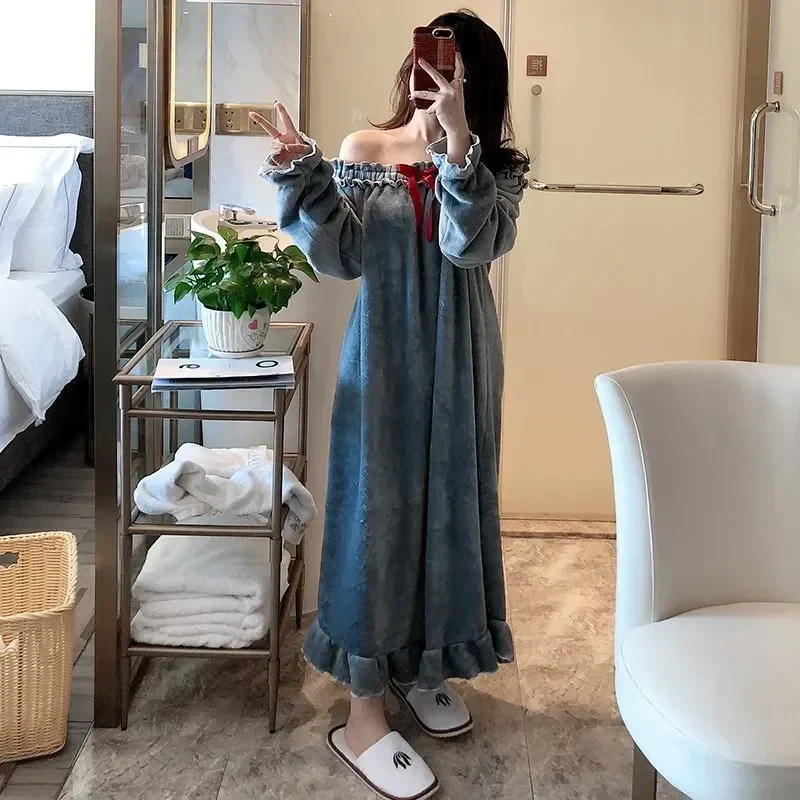 

Slash Neck Dress Home Piece Sleeve One 2023 Sleepwear Korean Fleece Winter Ruffles Night Bow Wear Womens Nightgown Pajamas Long