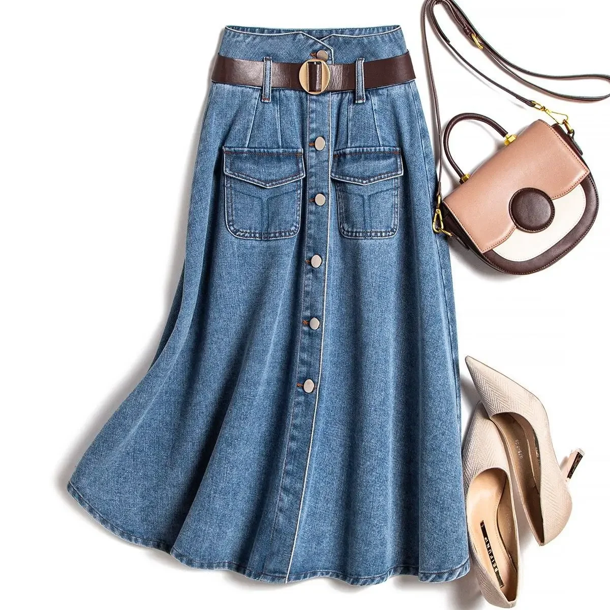2024 Stile Coreano Primavera-estate Nuovo Tipo Gonna Gonna in Denim Con Cintura Monopetto Da Pendolare Moda Donna L160