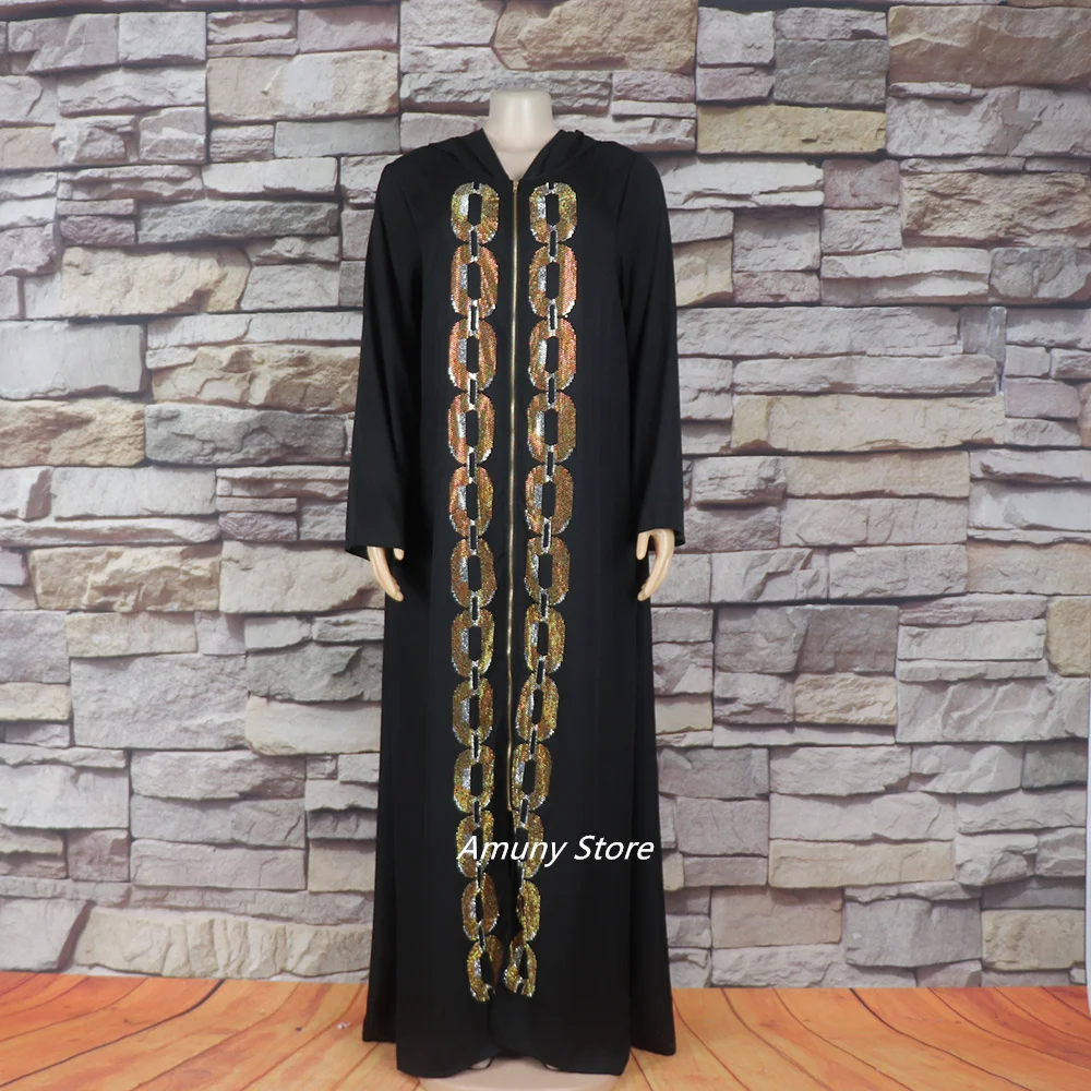 Fashion African-American Robe Hooded Black Rhinestone Embellished Dress