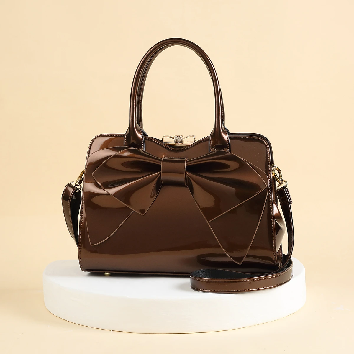 Elegant Patent Leather Tote Handbag - Removable shoulder strap,The big butterfly node is adorned with a very elegant handbagg