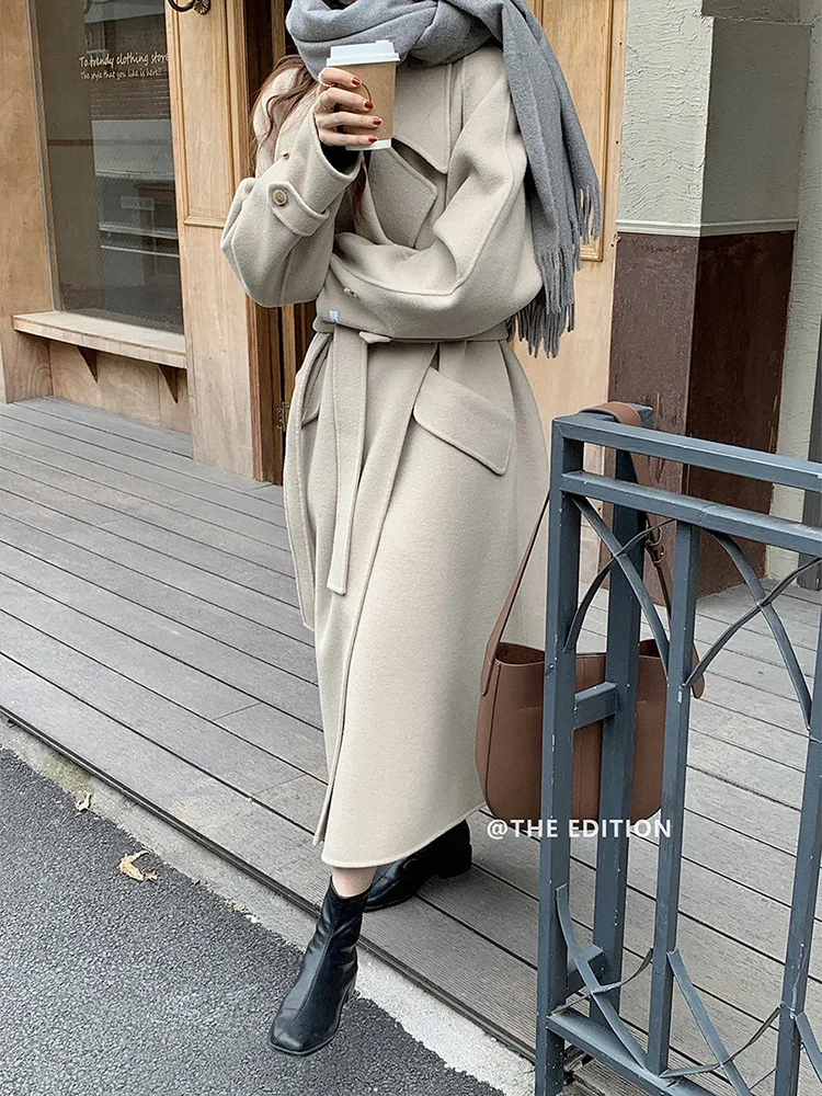 Double sided Wool Coat Women's Mid length 2023 New Korean Lace Lapel Over Knee Loose Wool Coat