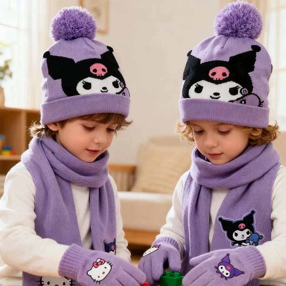 

3pcs/Set Kuromi Girls' Hat Cute Knitted Winter Cap with Scarf and Gloves Children Stitch Spider Mcqueen Hats Kid Soft Warm Stuff