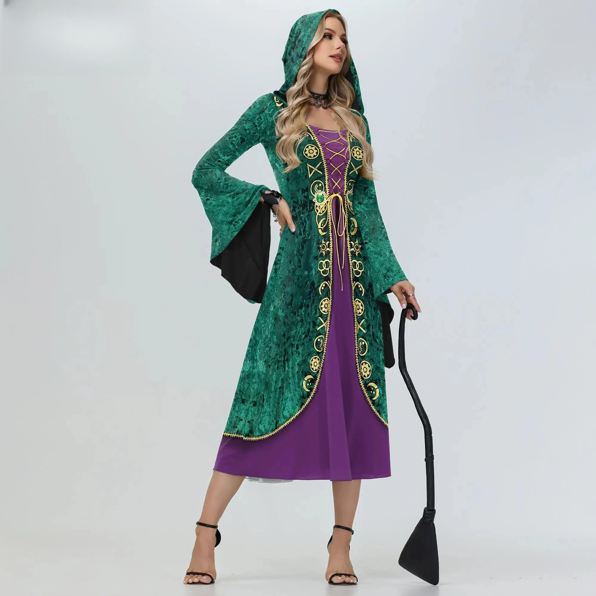 Vestido de Halloween Hocus Pocus Winifred Sanderson para mujer, disfraz de Halloween con patrón verde, vestidos medievales con capucha, ropa de fiesta