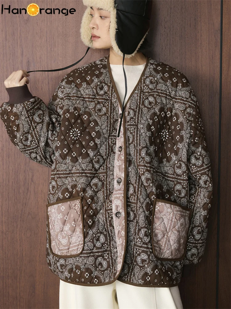 HanOrange 2026 Winter Retro Paisley Pattern Contrast V-neck Button Cotton Parkas Women Loose Warm Jacket Coffee
