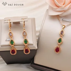 S&Z DESIGN New Fashion Colorful Water Drop Cubic Zirconia Dangle Earrings Jewelry Sets For Women Party Pendant Necklace Gift