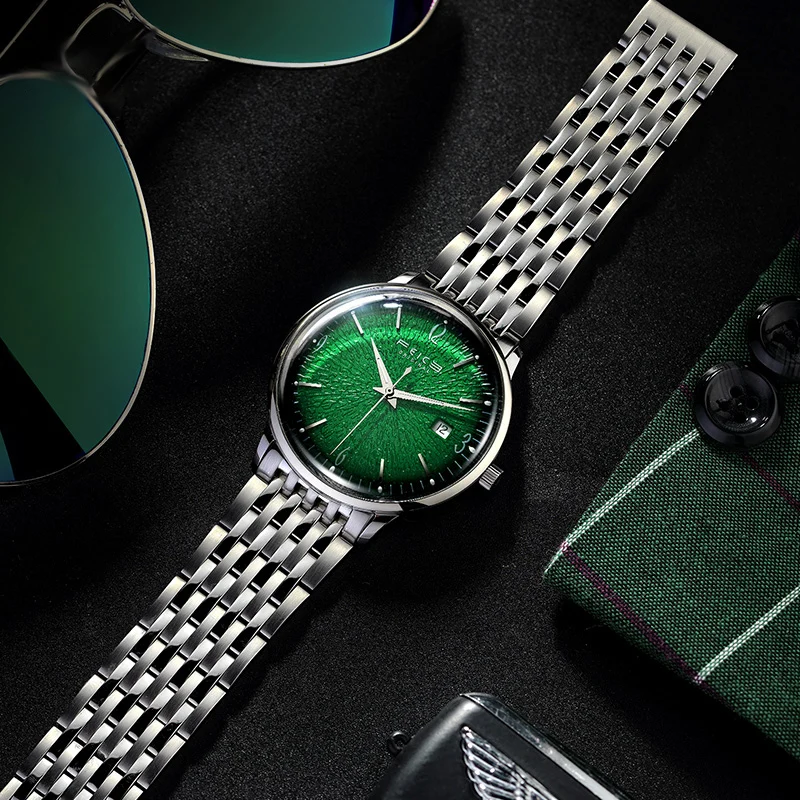 FEICE Luxury Mechanical Watch Ultra Thin Skeleton Watches for Men Waterproof Business Automatic Watch Retro Green Dial FM221REW