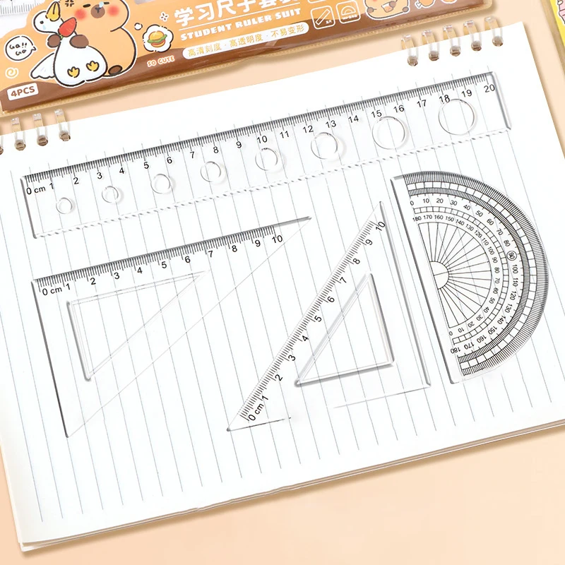 1Set Cute Cartoon Capybara Kids Ruler Stationery Set Multifunctional Combination Ruler Triangle Protractor Drawing Tools