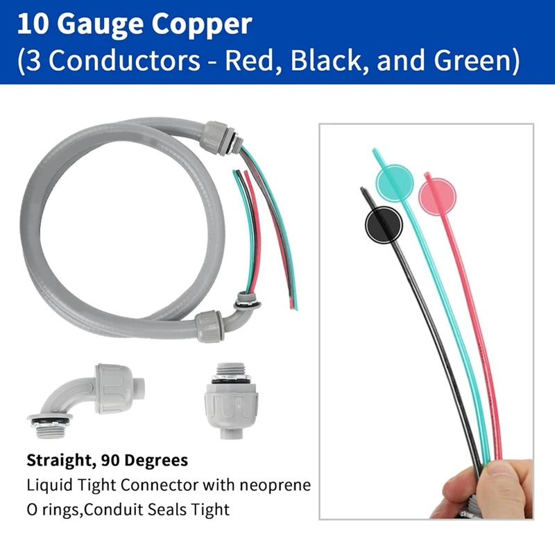 1/2 Inch 4Ft Electrical Conduit 10-Gauge Wire With Ground Nonmetallic Liquid Tight Whip Assembly AC Disconnect Box Whip