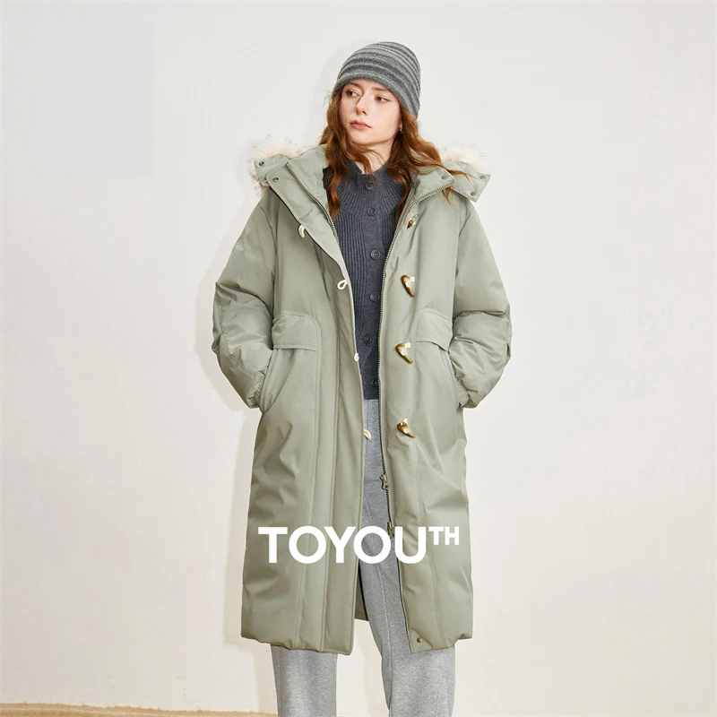 TOYOUTH Women 90% Down Jacket 2025 Winter New Fur Collar Hooded Cow Horn Buckle Three-proof Long Coat