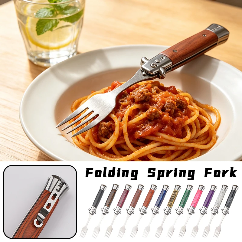 Stainless Steel Folding Camping Fork Portable Outdoor Cutlery Pocket Spring Loaded Utensil for Hiking Backpacking Travel