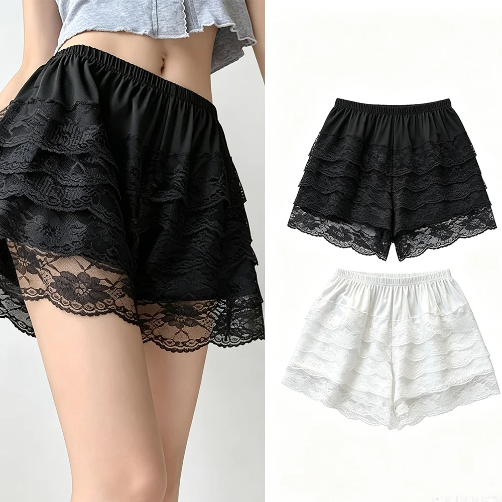 1/2 Piezas Pantalones Cortos de Seguridad Plisados para Mujer, Negros y Blancos, Estilo Vintage con Volantes, Braguitas de Princesa para Niñas, Falda Interior de Verano, Pantalones Cortos para el Hogar