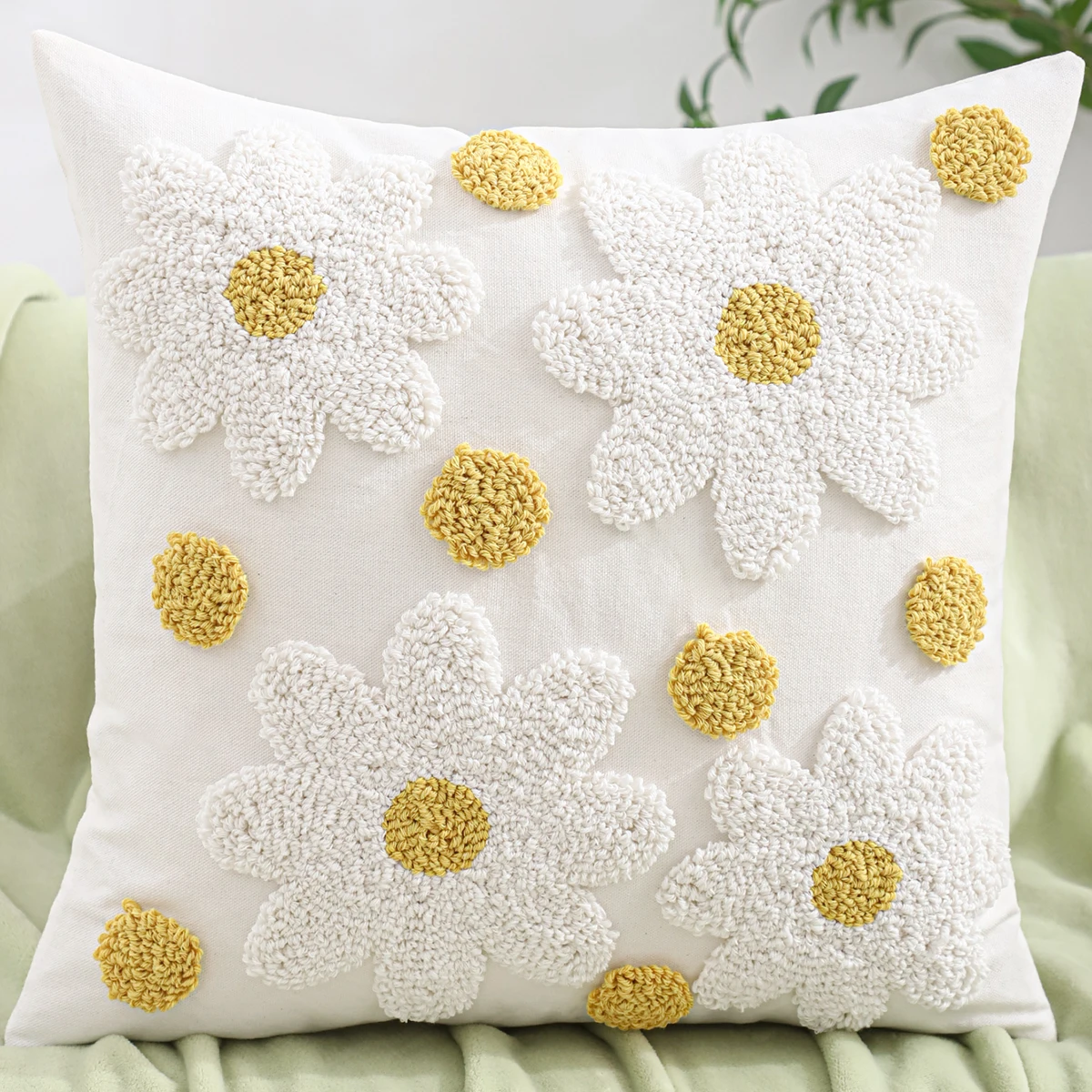 1 piece tufted throw pillow cover lemon flower embroidered canvas spring summer vacation style cushion cover