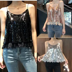 Sexy Glittering Knitted Tank Tops Women Camisole Vest Gold Thread Top Vest Sequined Stretchable Slim Tops