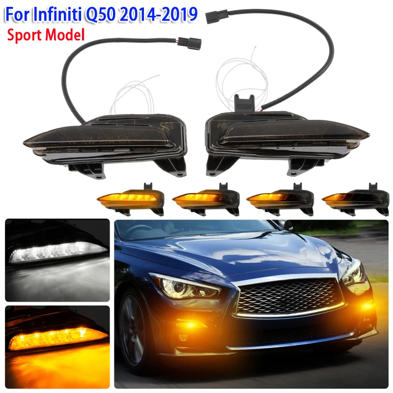 1pair Smoked Lens Car Front Bumper LED Fog Light for Infiniti Q50 2014-2019 (Sport Model)