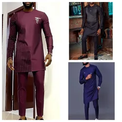 Kakda-trajes de caftán para hombre, trajes de cuello redondo, estampado a rayas, manga larga, conjuntos de estilo étnico africano, ropa tradicional