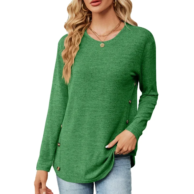 2023 Autumn Europe and America Women's Clothing Casual Solid Color Long Sleeve Round Neck Loose Fashion Spliced Button T-shirt