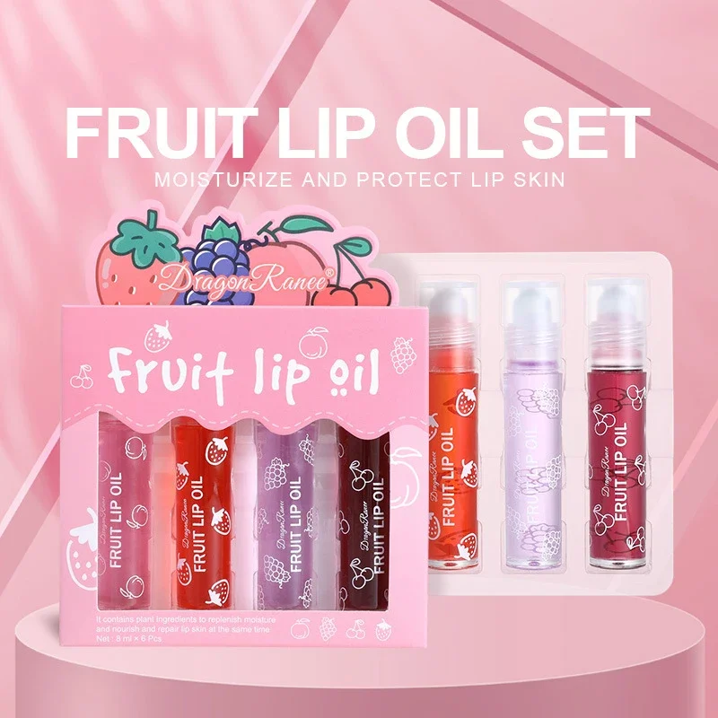 Juego de bálsamo labial Roll-on, 4 piezas, melocotón, fresa, fruta, maquillaje hidratante, uva de cereza transparente, aceite labial, brillo de labios hidratante