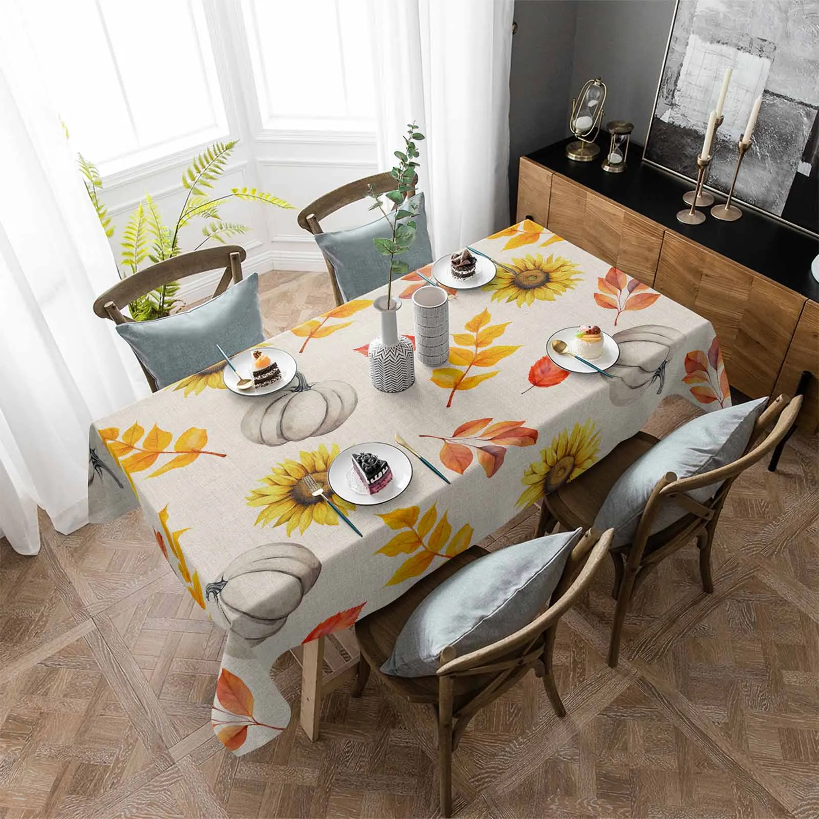 Autumn Sunflower Pumpkin Country Style Waterproof Table Cloth Holiday Wedding Party Rectangular Table Cover Home Kitchen Decor