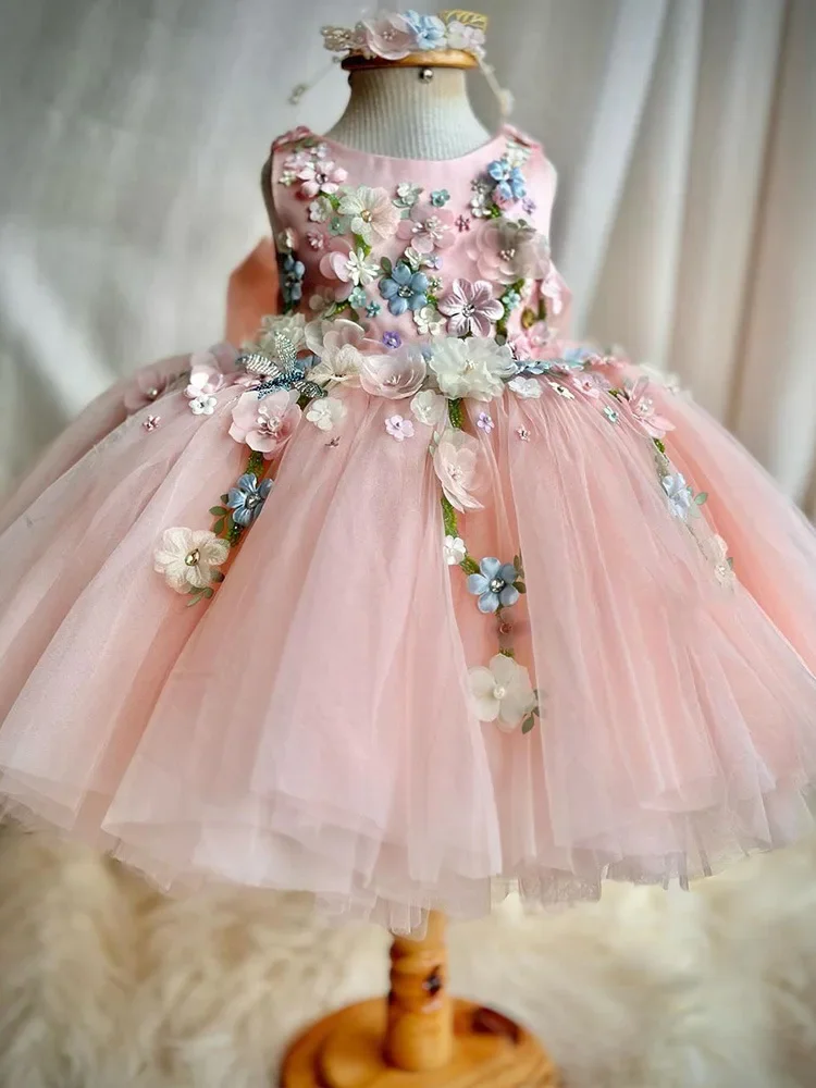 Vestido sem costas para meninas, vestido de baile princesa, traje de bebê fofo, flores e pérolas, vestido de casamento, vestido de princesa para crianças, 2024