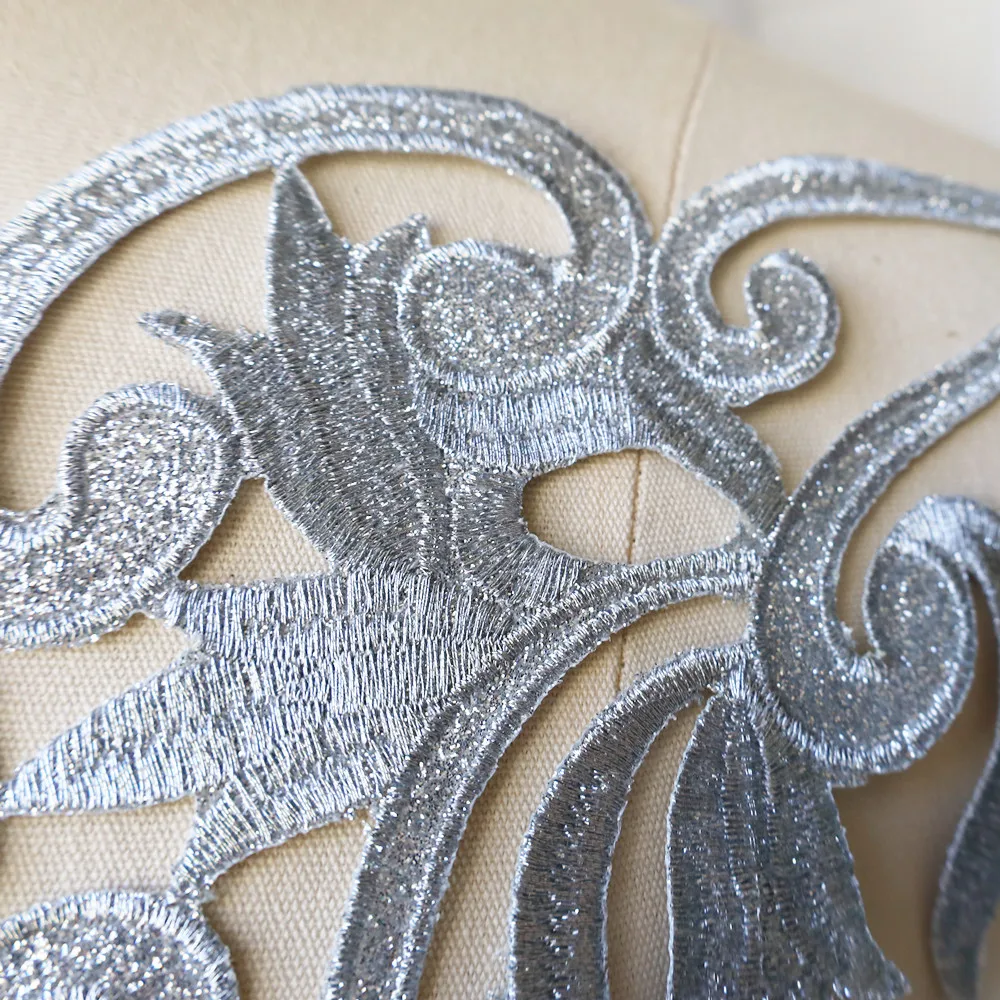 Silver Embroidery Sequin Baroque Flower Applique Fabric Collar Sew Iron Patch Wedding Bridal Gown Dress DIY Clothes Decor Crafts