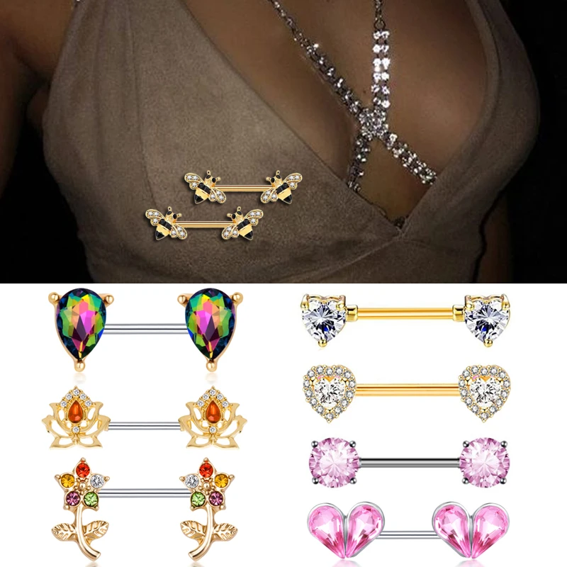 2pcs פירסינג טבעות נשים סקסי barbell 316l נירוסטה לב שד מגן כיסוי בר אביזרים הגוף מתנות תכשיטים