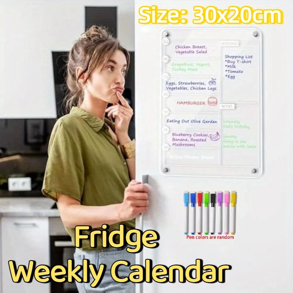 Reusable Fridge Weekly Calendar Transparent Multifunctional Erasable Memo Board with 8 Markers Frameless