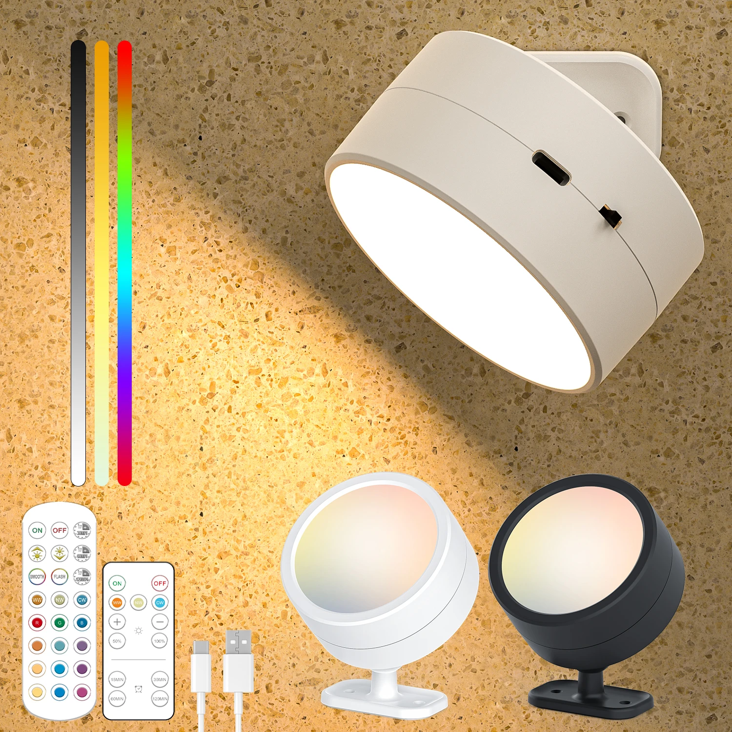 Wireless Magnetic Touch LED Wall Lamp Remote Control 360° Rotatable Rechargeable LED Spotlight For Bedroom Living Room Lighting