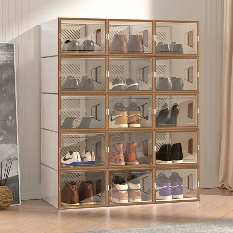 Stackable Shoe Cabinet Flip Hinged Door Transparent Plastic Dustproof Shoe Storage Box Organizer Home Apartment Entryway Bedroom