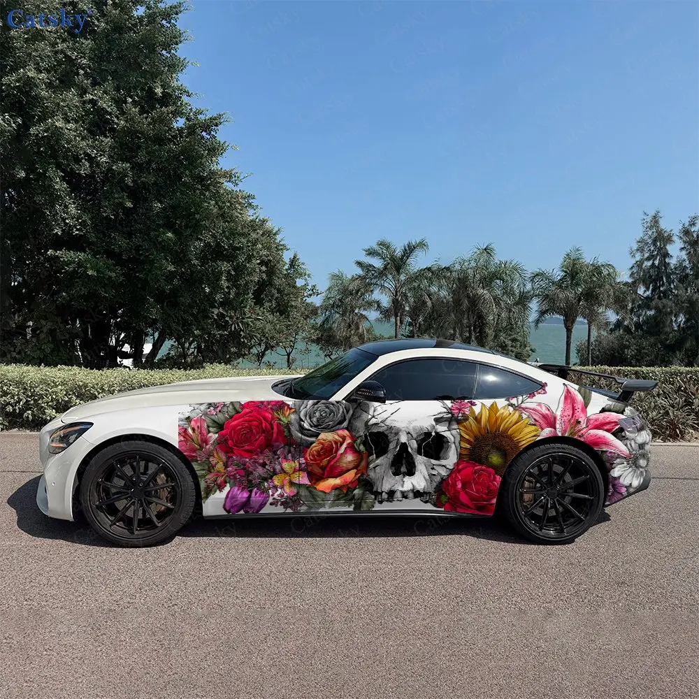 2pcs Flower Cluster Wrapped Skull Car Side Wraps, Self-Adhesive PVC Waterproof & Scratch-Resistant Stickers, Car Accessory Gift