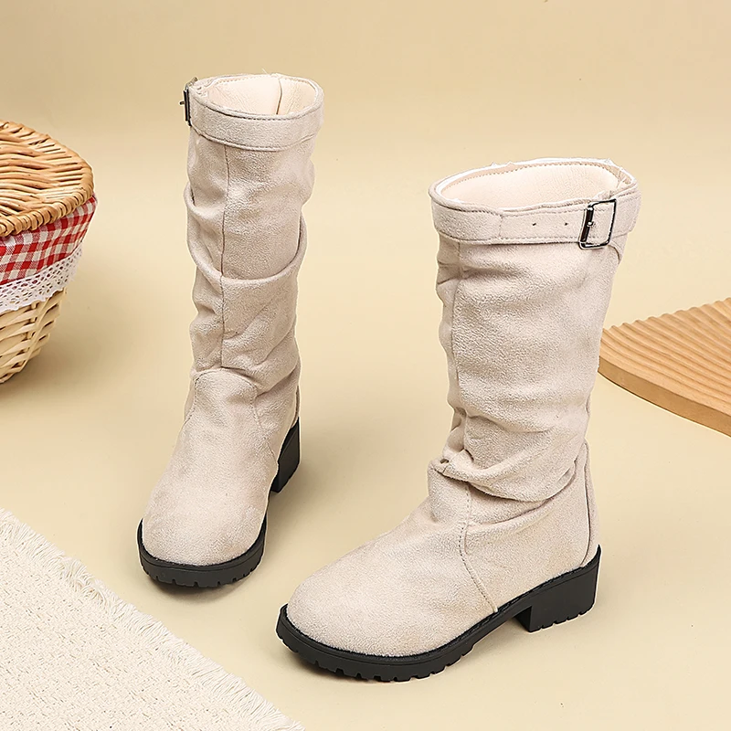 Girls Faux Suede Mid-Calf Boots with Buckle 2026 New Autumn Toddler Slouch Boots Non-slip Simple Princess Girls School Boots