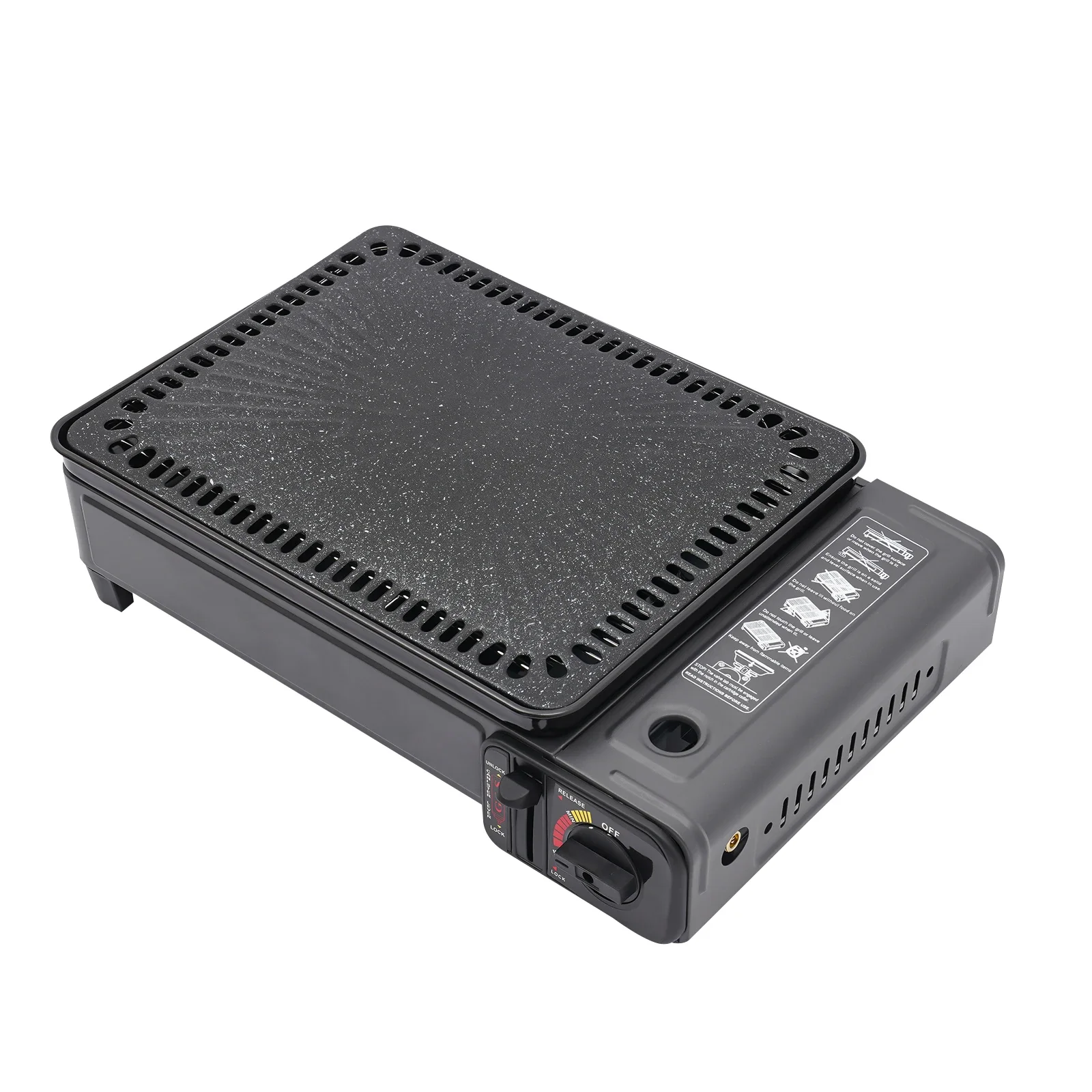 موقد شواية البيوتان، طاولة تخييم محمولة، موقد غاز خارجي أسود مع شبكة شواء للنزهة والحديقة والتخييم والسفر