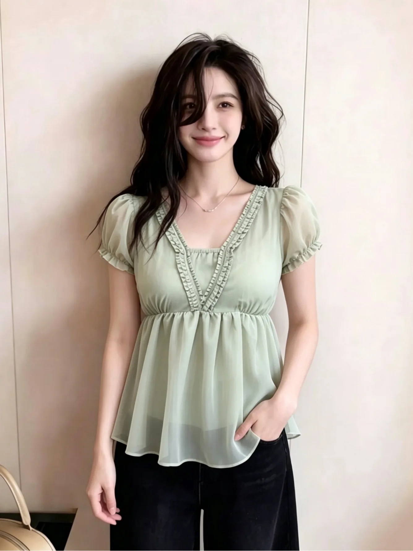 

plus Size Women's Pure Desire V-Neck Short Sleeve Shirt Slimming Waist Design Summer New Style Korean Commute Style Top