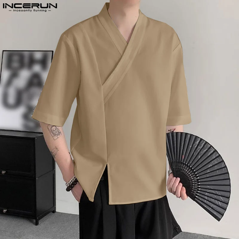 INCERUN Tops 2024 Chinese Style Men\'s Cross Collar Design Solid Simple Shirts Casual Streetwear Male Short Sleeved Blouse S-5XL