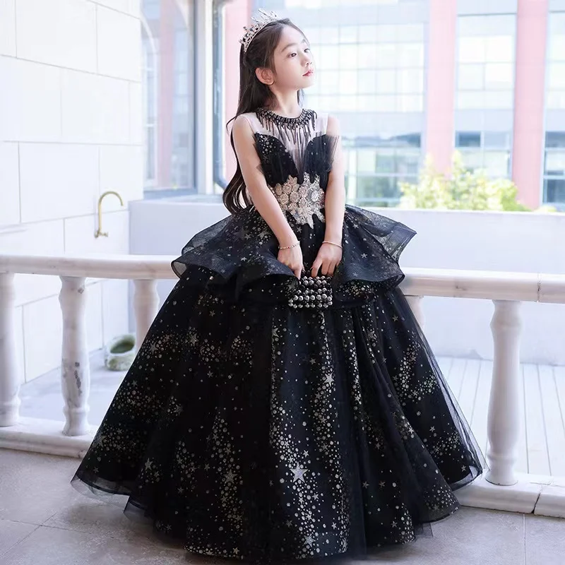 Black Lace Flower Girl Dresses Sequin Applique Children Wedding Party Long Gowns Kids Clothes Princess First Communion Vestidos