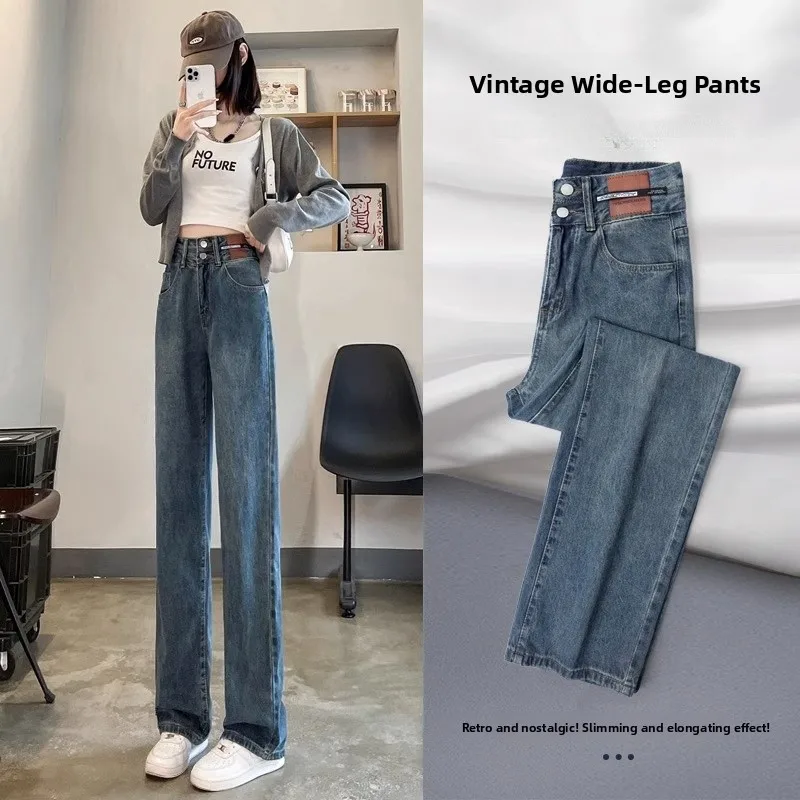 

Retro High Waist Wide Leg Jeans Women's Loose Straight Cut Slimming Small Size Jeans Spring Autumn Seasonal plus Size