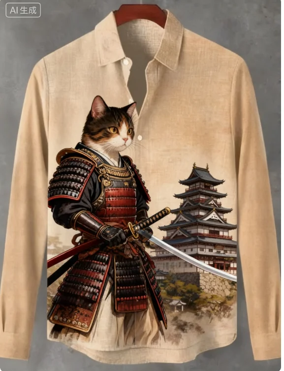 Men's Egyptian Cat 3d Print Shirt Japan Style Clothes Harajuku Korean Long Sleeve Retro Old School Streetwear Male Tops﻿
