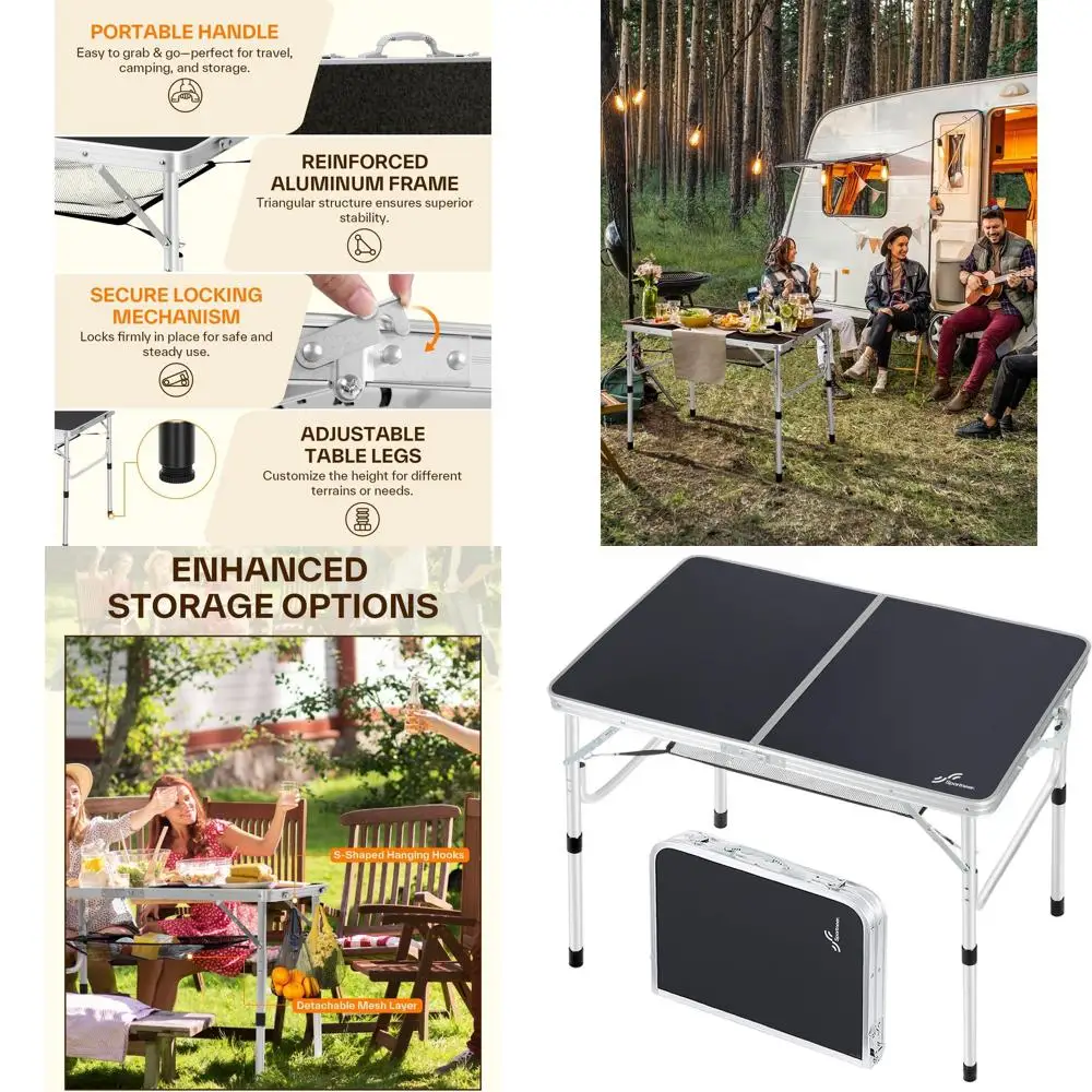 

Portable Adjustable Height Folding Table for Outdoor Camping, Picnic, and BBQ - Compact with Mesh Layer, 35.4L x 23.6W