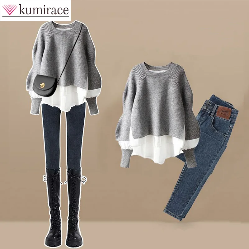 

Autumn Set Women's 2023 New Large Women's Age Reducing Leave Two Piece Top Paired with Jeans Two Piece Set Winter Clothes Women